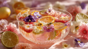 floral Easter punch recipe with berries citrus slices and edible flowers in a spring party setting