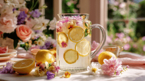 floral lemonade for Easter brunch with lemon slices and edible flowers in a glass pitcher on a spring table