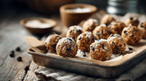 Freezer-friendly no-bake energy bites on tray with oats and chocolate chips in natural light
