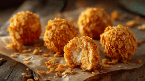 No-bake fried ice cream cookie bites with crunchy coating and creamy center on parchment