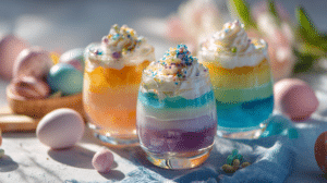fun Easter drinks for kids with rainbow layers whipped cream and sprinkles on festive table
