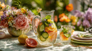 garden party drinks for Easter brunch with citrus cucumber and flowers in an outdoor spring setting