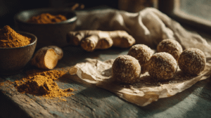 No-bake ginger turmeric energy balls with warm spices and oats in golden natural light