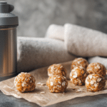 No-bake gym snack energy balls with oats and protein powder in natural light