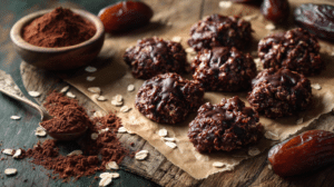 Healthy dark chocolate date cookies with oats and cocoa on parchment paper in warm natural light