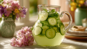 healthy Easter drinks recipes with citrus cucumber mint in glass pitcher on spring table