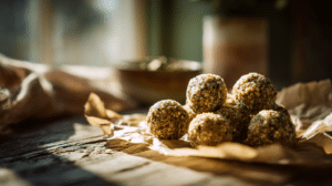 no-bake hemp protein power balls with visible hemp seeds and oats on parchment in warm natural light