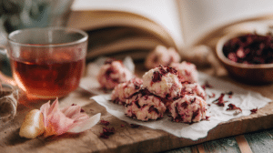No-bake hibiscus pear cookie bites with soft floral tones and pear slices in natural light