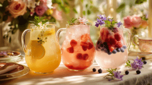 homemade lemonade variations Easter with berry floral and herbal drinks on a spring table