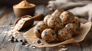 No-bake homemade protein balls with oats and chocolate chips on parchment paper in natural light