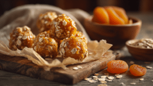 No-bake honey glazed apricot bites with oats and dried apricots in warm natural light