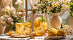 honey lemon Easter drinks with lemon slices and mint in a glass pitcher on a spring brunch table