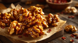 No-bake hot honey candied walnut clusters with glossy coating and chili flakes on parchment paper