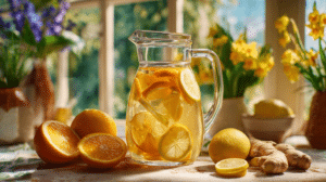 immune boosting spring drinks citrus ginger turmeric in glass pitcher with fresh ingredients