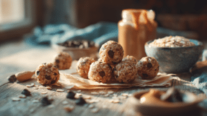 No-bake instant oat energy balls with oats and chocolate chips on a rustic wooden table