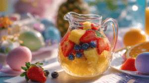 kid friendly fruit drinks Easter in pitcher with colorful fruit and spring decorations