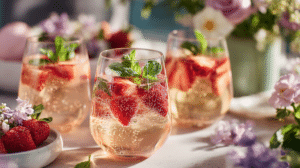 kombucha Easter cocktails with berries and mint on spring brunch table