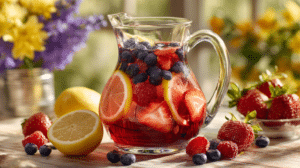 lemon berry Easter punch with fresh berries and lemon slices in a glass pitcher on a spring brunch table