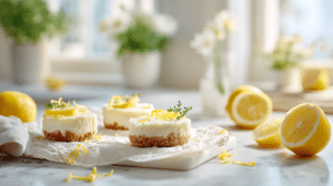 No-bake lemon cheesecake bites with fresh lemon slices on a bright kitchen countertop