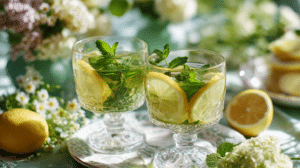 lemon mint Easter mocktails with lemon slices and fresh mint on a spring brunch table