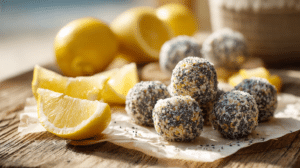 No-bake lemon poppy seed energy bites with fresh lemon slices and visible poppy seeds
