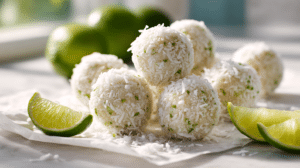 No-bake lime coconut energy balls with lime zest and shredded coconut on parchment