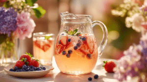 low sugar Easter drinks citrus berry spritz in pitcher with fresh fruit and spring decor