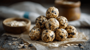 No-bake lunchbox energy bites with oats and chocolate chips on parchment paper in natural light