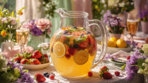 make ahead Easter punch recipe in pitcher with citrus juices and fresh berries on spring table