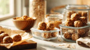 No-bake make-ahead energy bites stored in containers on a clean kitchen counter