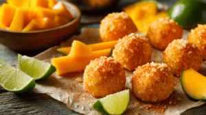 No-bake mango habanero Tajín cookie bites with mango and lime in bright natural light
