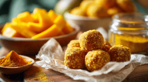 No-bake mango turmeric energy bites with dried mango and warm spices on parchment