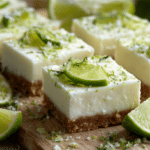 No-bake margarita cheesecake bars with lime slices and creamy layers in soft natural light