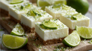 No-bake margarita cheesecake bars with lime slices and creamy layers in soft natural light