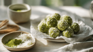 No-bake matcha coconut energy balls with green tea powder and shredded coconut