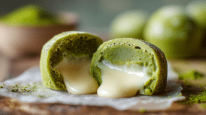 No-bake matcha white chocolate lava bites with creamy center and green exterior in soft light