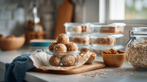 No-bake meal prep energy balls stored in containers on a clean kitchen countertop with ingredients nearby