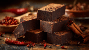 No-bake Mexican hot chocolate Dubai bars with cinnamon and cocoa dusting on wooden table