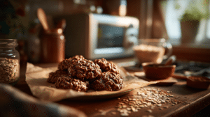 Microwave no-bake cookies with oats and chocolate on a rustic table near a microwave