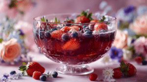 mixed berry punch for Easter with fresh fruit in glass bowl on spring table