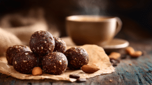 no-bake mocha almond fudge balls with rich chocolate texture and almonds on parchment in warm lighting