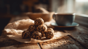 no-bake mocha protein balls with chocolate and oats on parchment in warm natural light with coffee in background