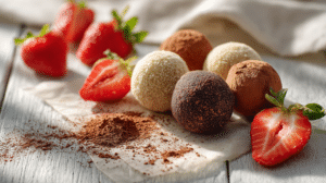 No-bake Neapolitan energy bites with chocolate, vanilla, and strawberry layers on a bright table