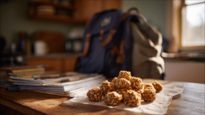 No-bake after school snacks with oats and chocolate chips on a kitchen counter with school supplies
