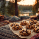 No-bake camping cookies on parchment near campfire in outdoor setting