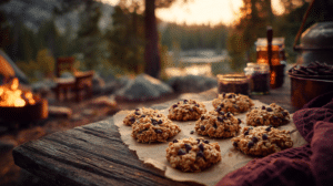 No-bake camping cookies on parchment near campfire in outdoor setting
