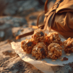 No-bake hiking bites with oats, nuts, and dried fruit on trail near backpack