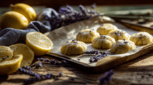 No-bake lavender lemon cookies on parchment with fresh lemon slices and lavender in soft natural light