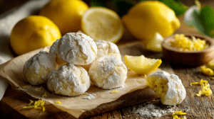 No-bake lemon crinkle cookies coated in powdered sugar with fresh lemons in soft natural light