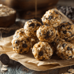 No-bake snack balls with oats and chocolate chips on parchment paper in natural light
